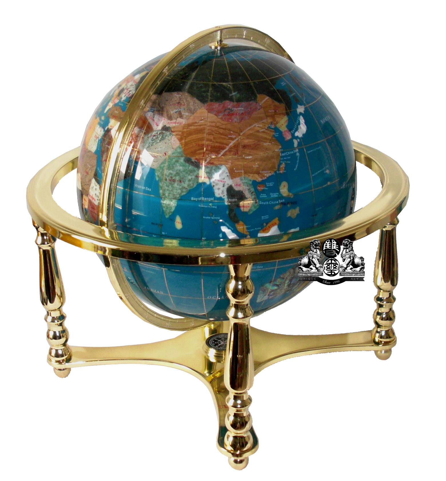 Unique 21" Tall Blue Lapis Tripod Gold Leg table Gem Gemstone World Map Globe 